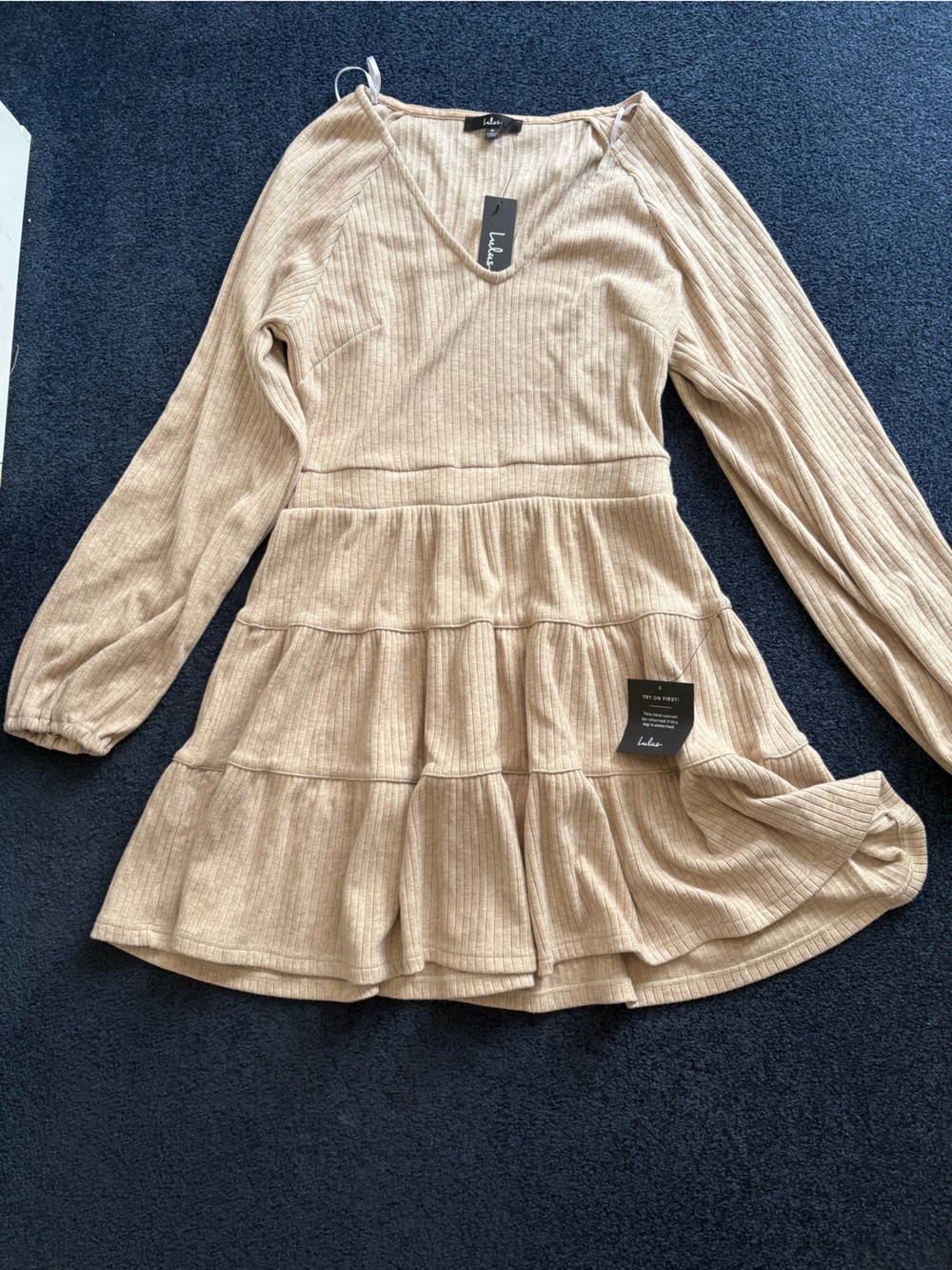 Lulu's Beige Ribbed Tiered Long-Sleeve Dress